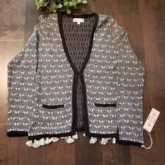 NWT Nanette Lepore Textured Tassel Boho Jacket Cardigan Black and Cream …‌ - Picture 2 of 13